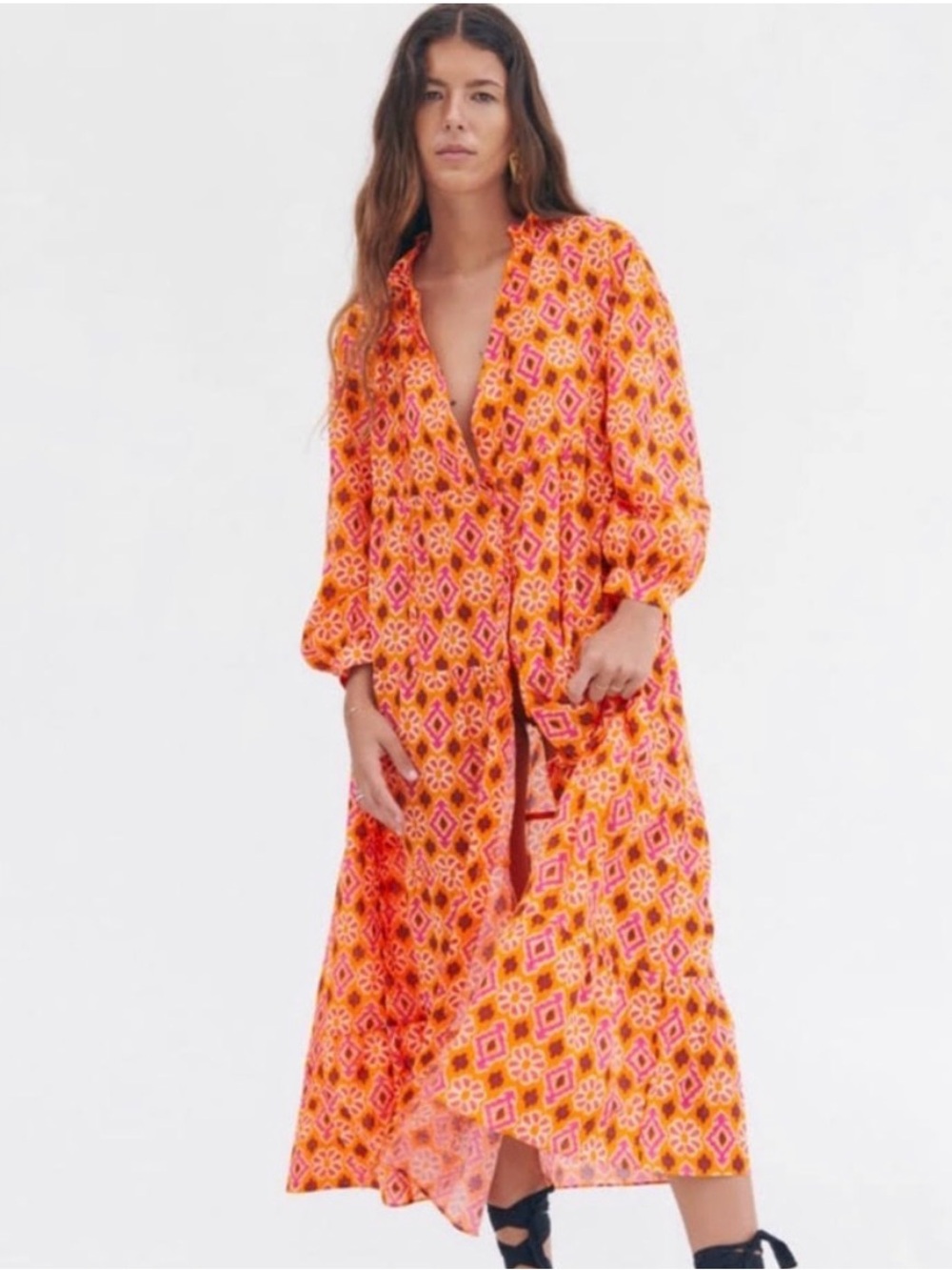 Zara Orange and Pink Printed Midi Dress